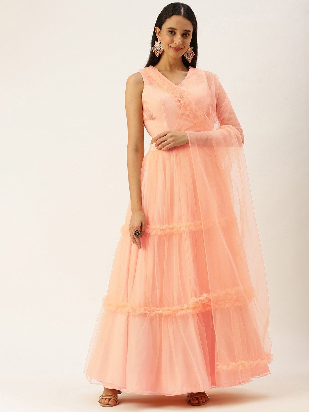 Bollywood Vogue Ready To Wear Baby Pink Organza Embroidered Lehenga - Front View