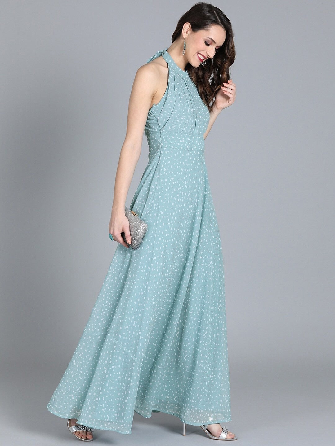 Bollywood Vogue Ready To Wear Blue Halter Neck Georgette Gown - Detail View