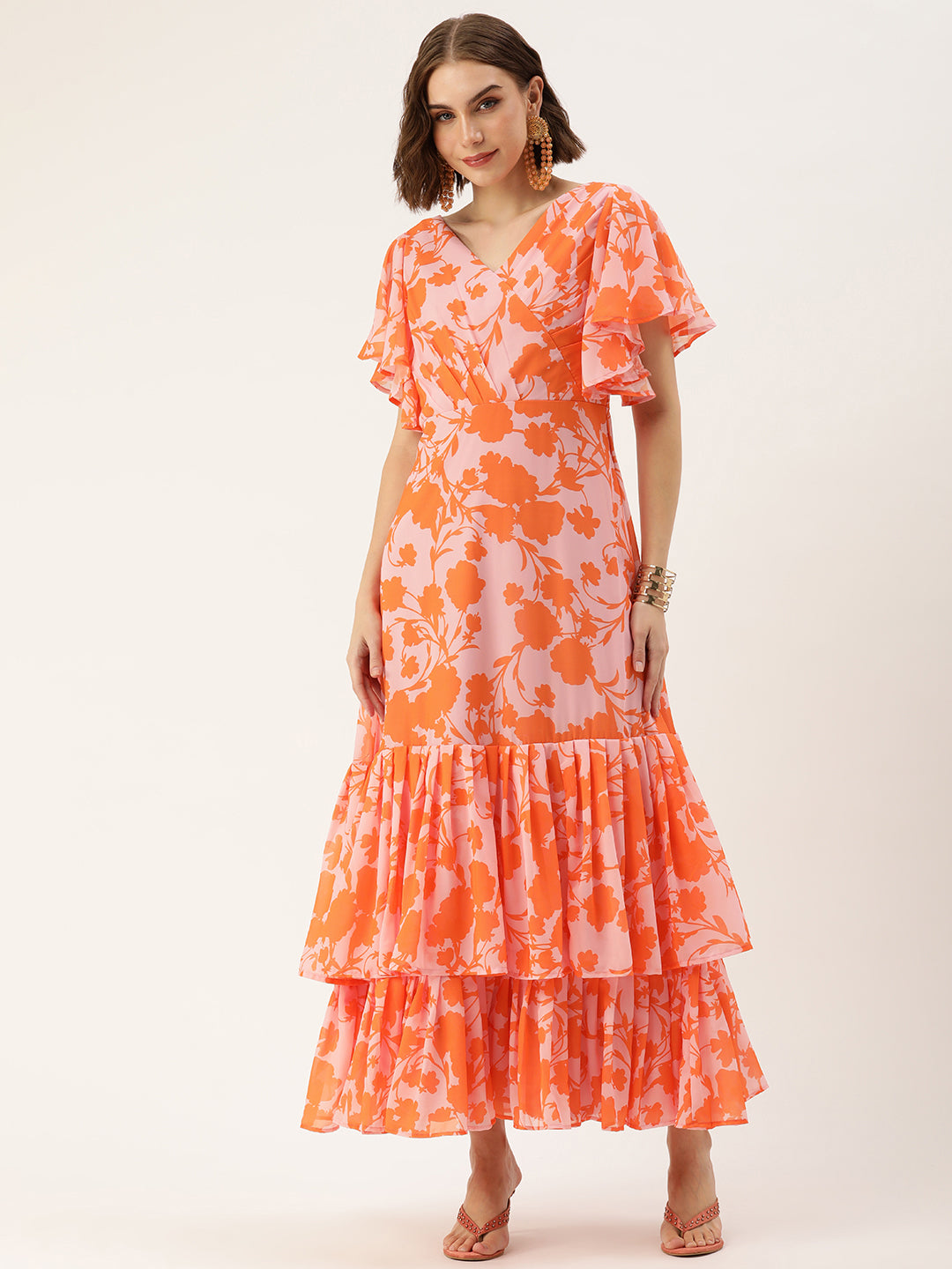Bollywood Vogue Ready To Wear Pink N Orange Georgette Digital Printed Gown - Front View