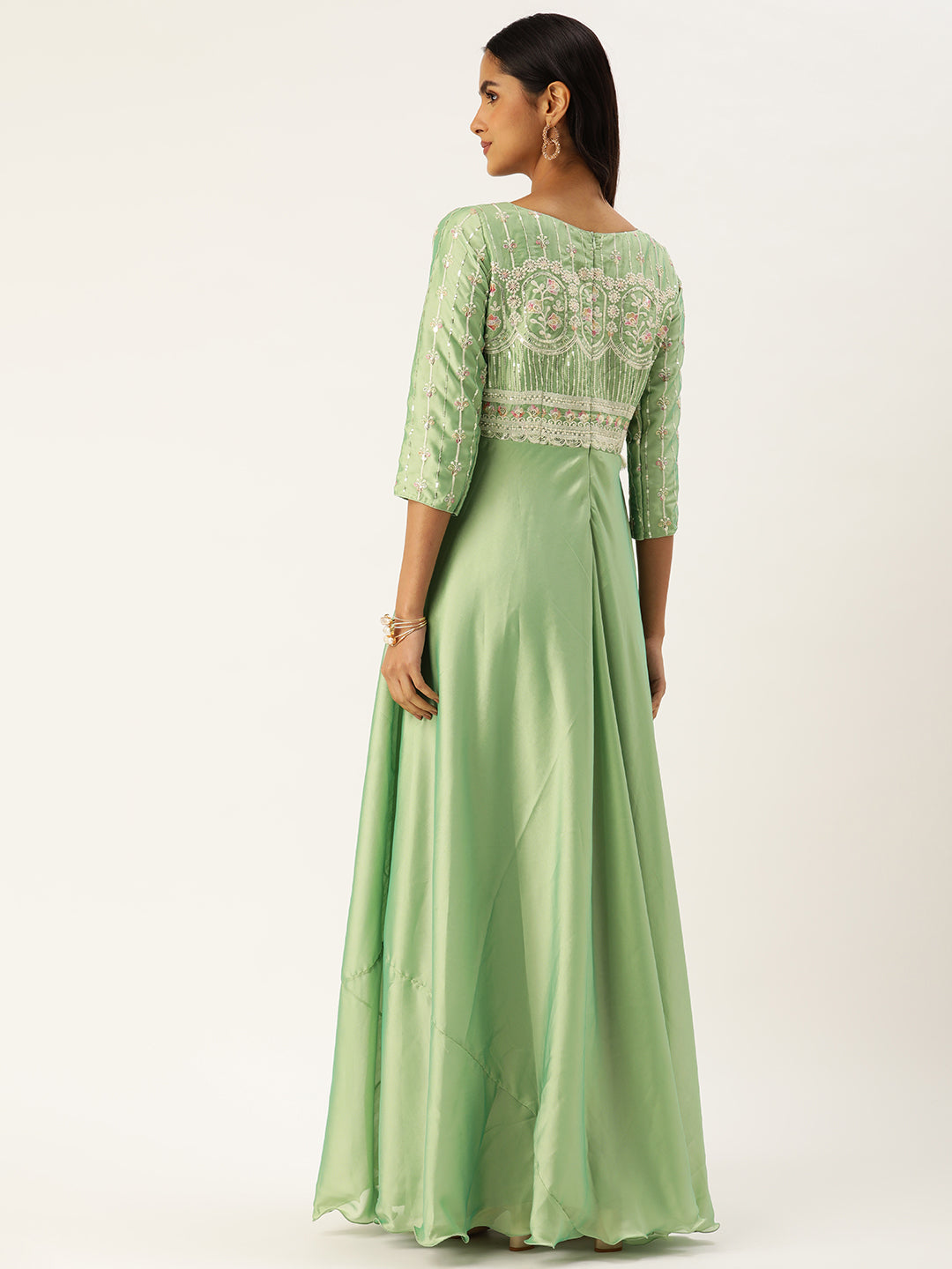 Bollywood Vogue Ready To Wear Green Art Silk Embroidered Patch Style Gown - Back View