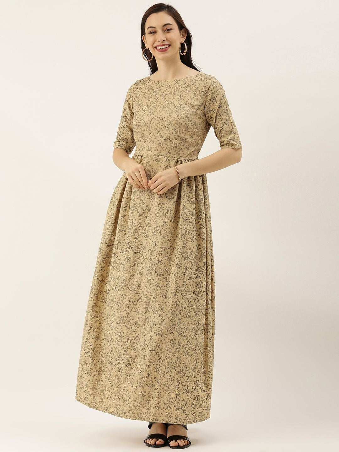 Bollywood Vogue Ready To Wear Beige Printed Rayon Boat Neck Maxi Dress - Side View