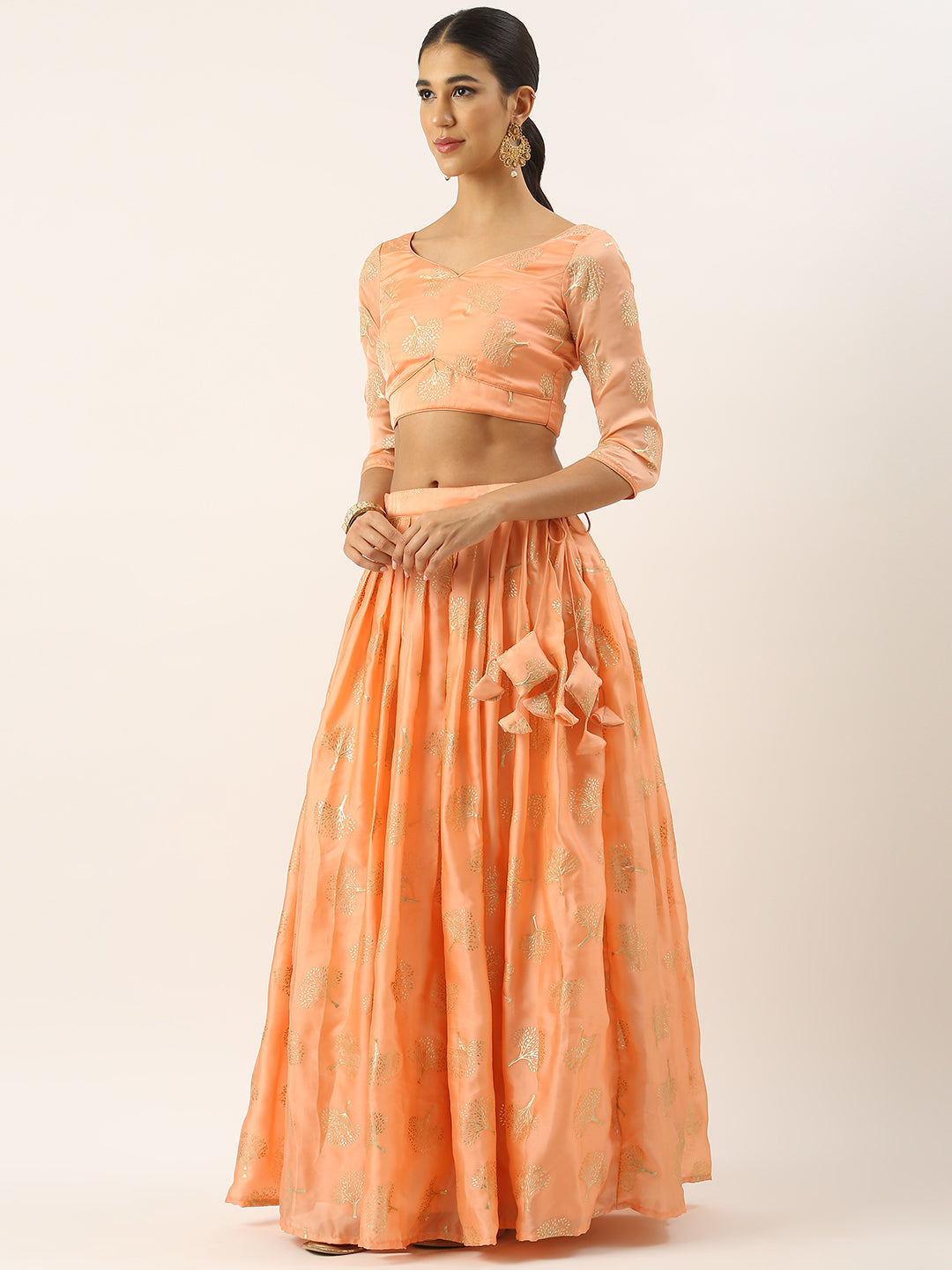 Bollywood Vogue Ready To Wear Peach Foil Printed Georgette Lehenga Set - Side View