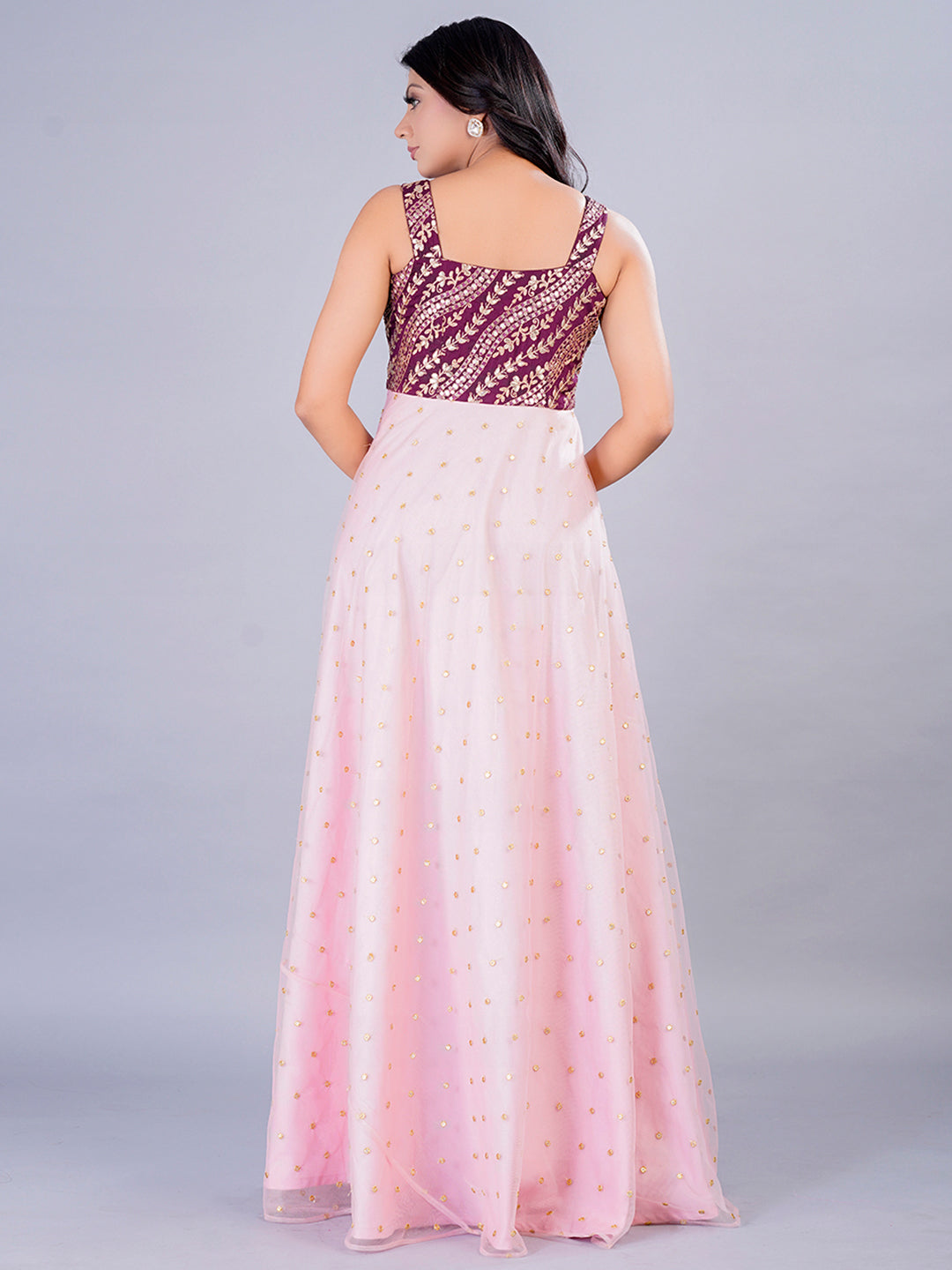 Bollywood Vogue Ready To Wear Wine Chinon N Pink Net Embroidered Gown With Cape - Detail View