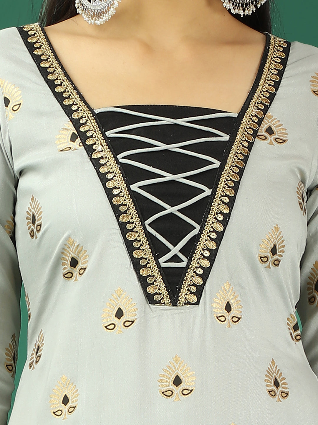 Bollywood Vogue Ready To Wear Grey Rayon Foil Printed N Black Kurta Set - Additional View 1
