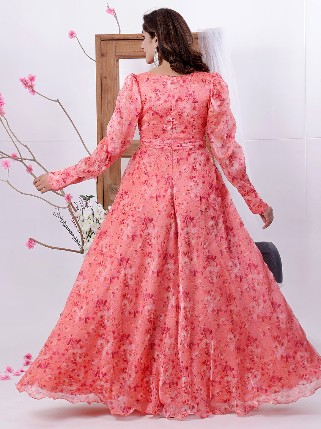Bollywood Vogue Ready To Wear Multicolored Organza Satin Overlapped Style Gown - Back View