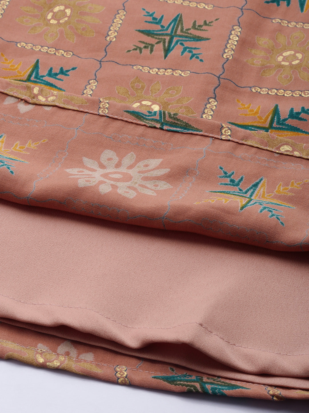 Bollywood Vogue Ready To Wear Peach Foil Print Muslin Co Ords Set - Detail View