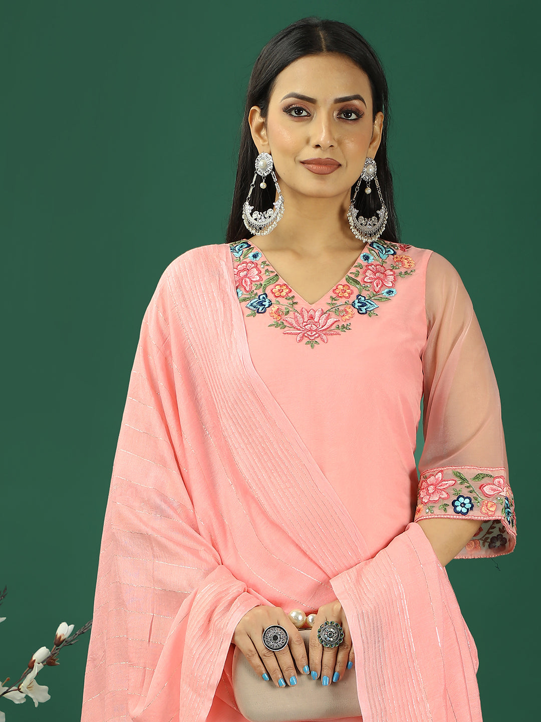 Bollywood Vogue Ready To Wear Pink Organza Embroidred Straight Pant Suit - Detail View
