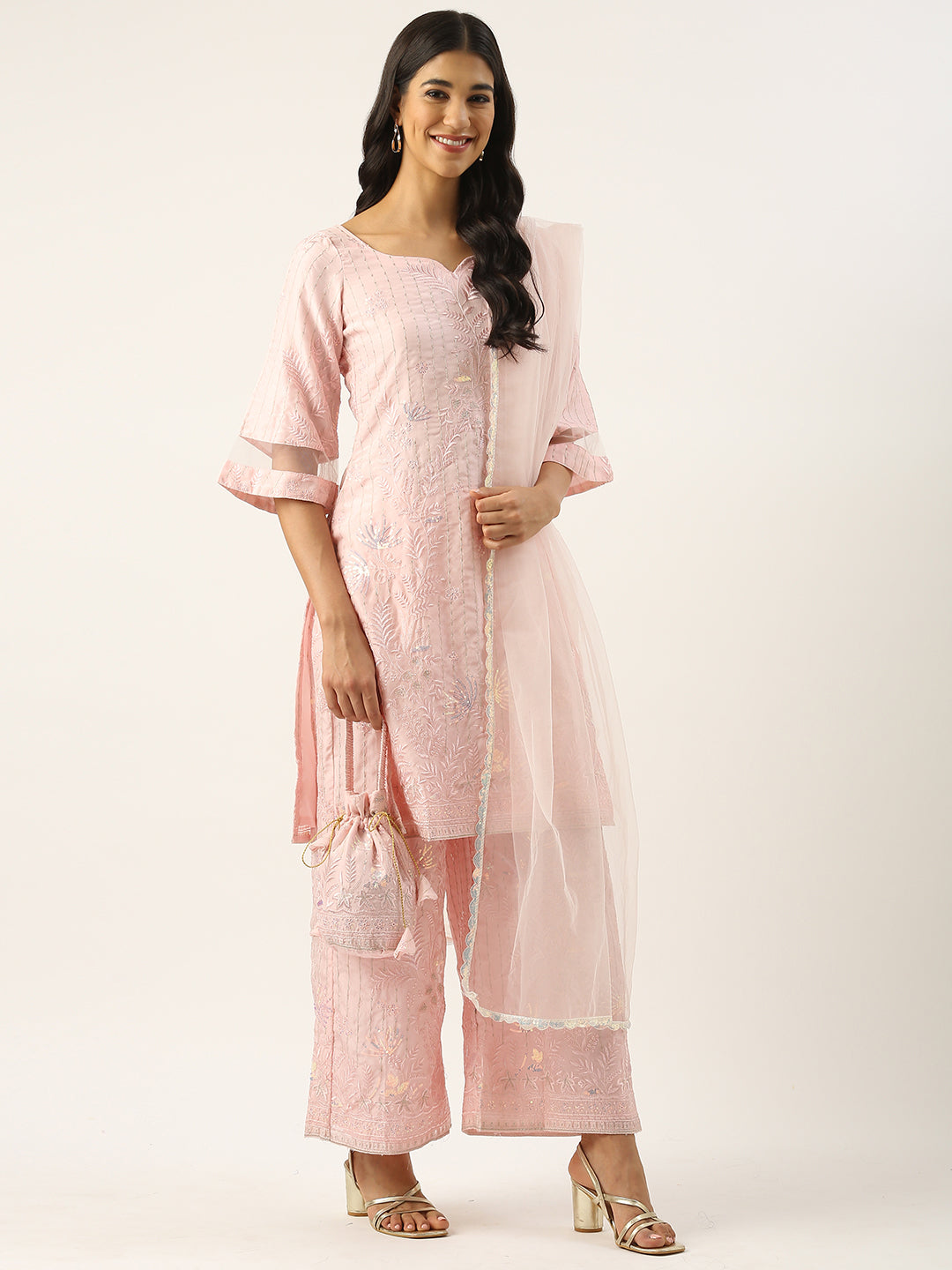 Bollywood Vogue Ready To Wear Pink Georgette Embroidered Wide Leg Pant Suit - Detail View