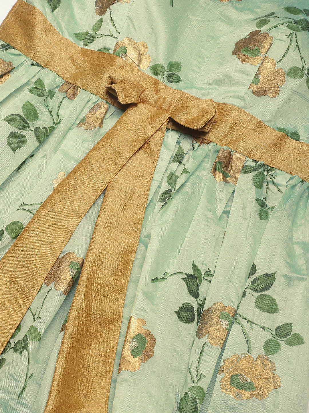 Bollywood Vogue Ready To Wear Green Chanderi Silk Puff Sleeve Dress - Look Shot