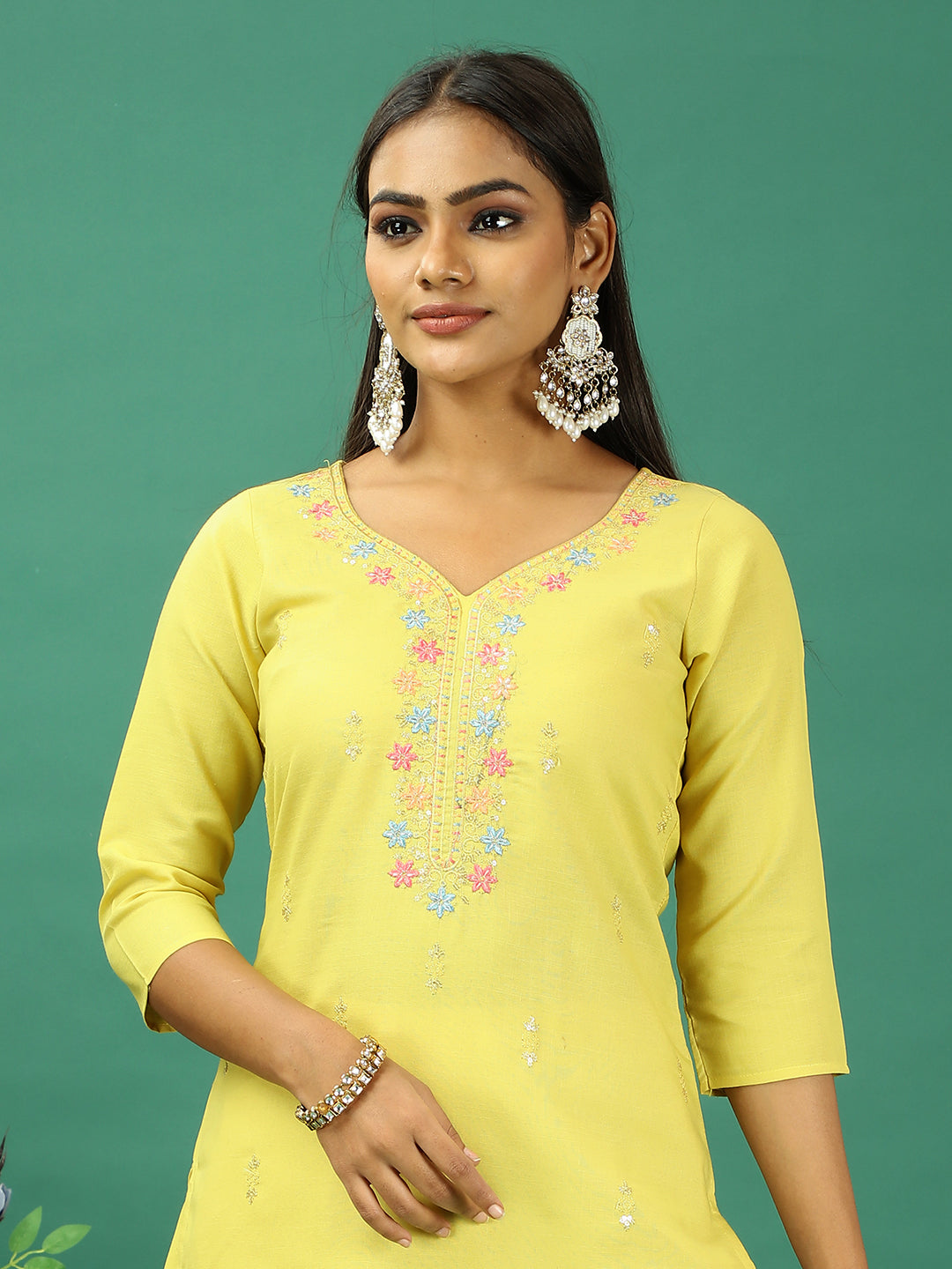 Bollywood Vogue Ready To Wear Yellow Rayon Embroidered Straight Pant Suit - Detail View