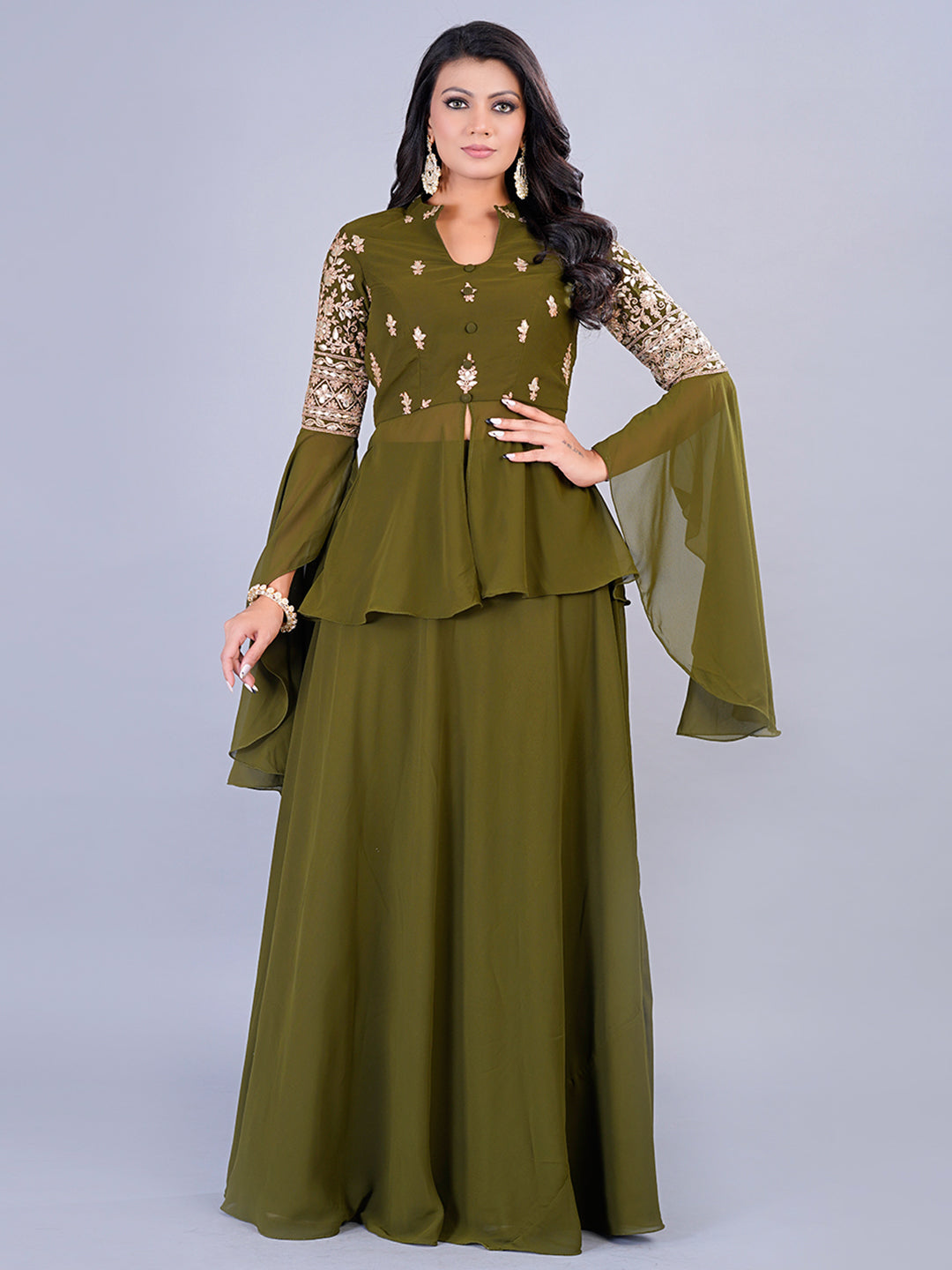 Bollywood Vogue Ready To Wear Green Embroidered Georgette Skirt Set - Front View