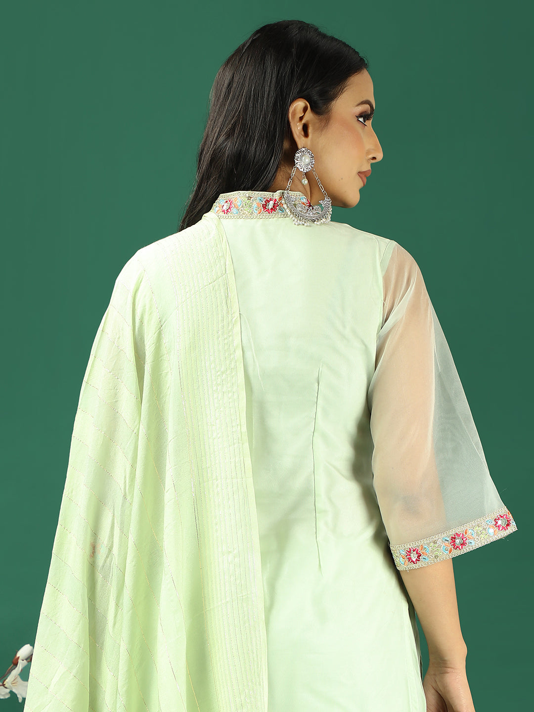 Bollywood Vogue Ready To Wear Mint Green Organza Wide Leg Pant Suit - Look Shot