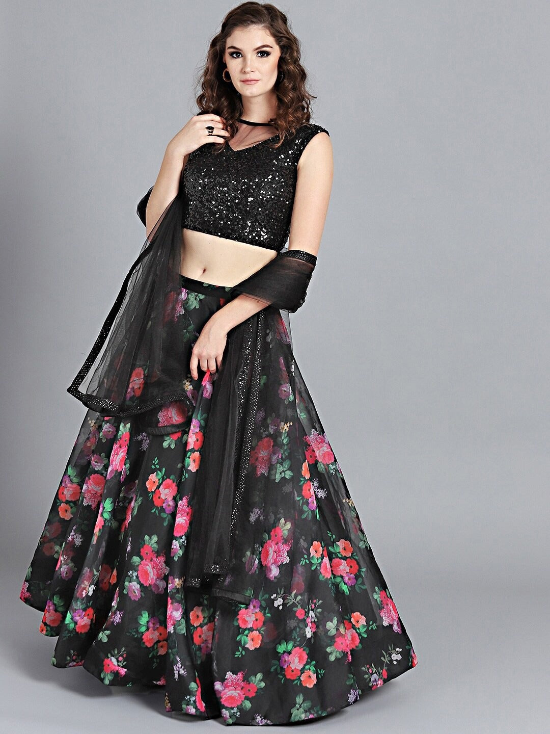 Bollywood Vogue Ready To Wear Plunge Black Printed Organza Lehenga - Front View