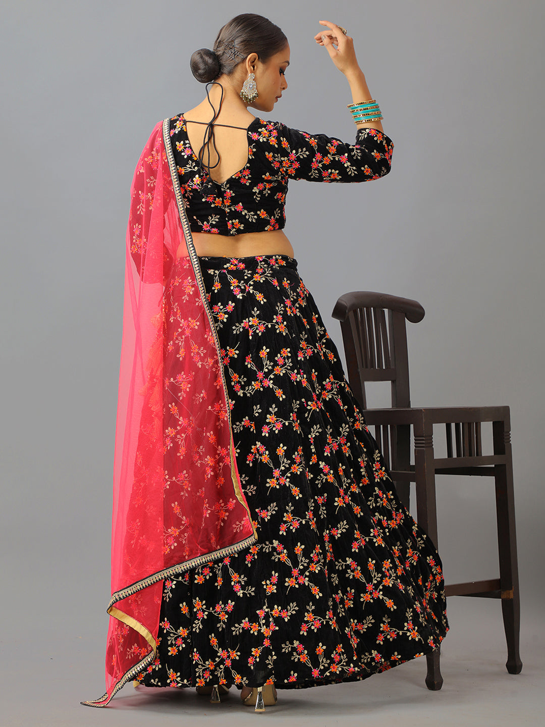 Bollywood Vogue Ready To Wear Black Velvet Embroidered Lehenga Set - Back View