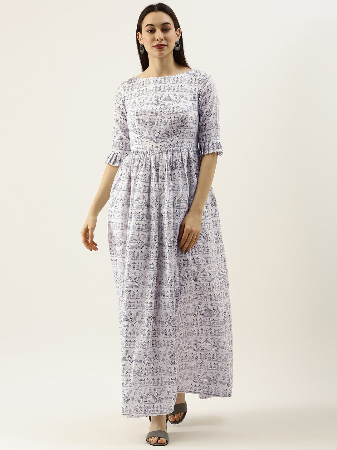 Bollywood Vogue Ready To Wear White Rayon Printed Gathered Maxi Dress - Front View