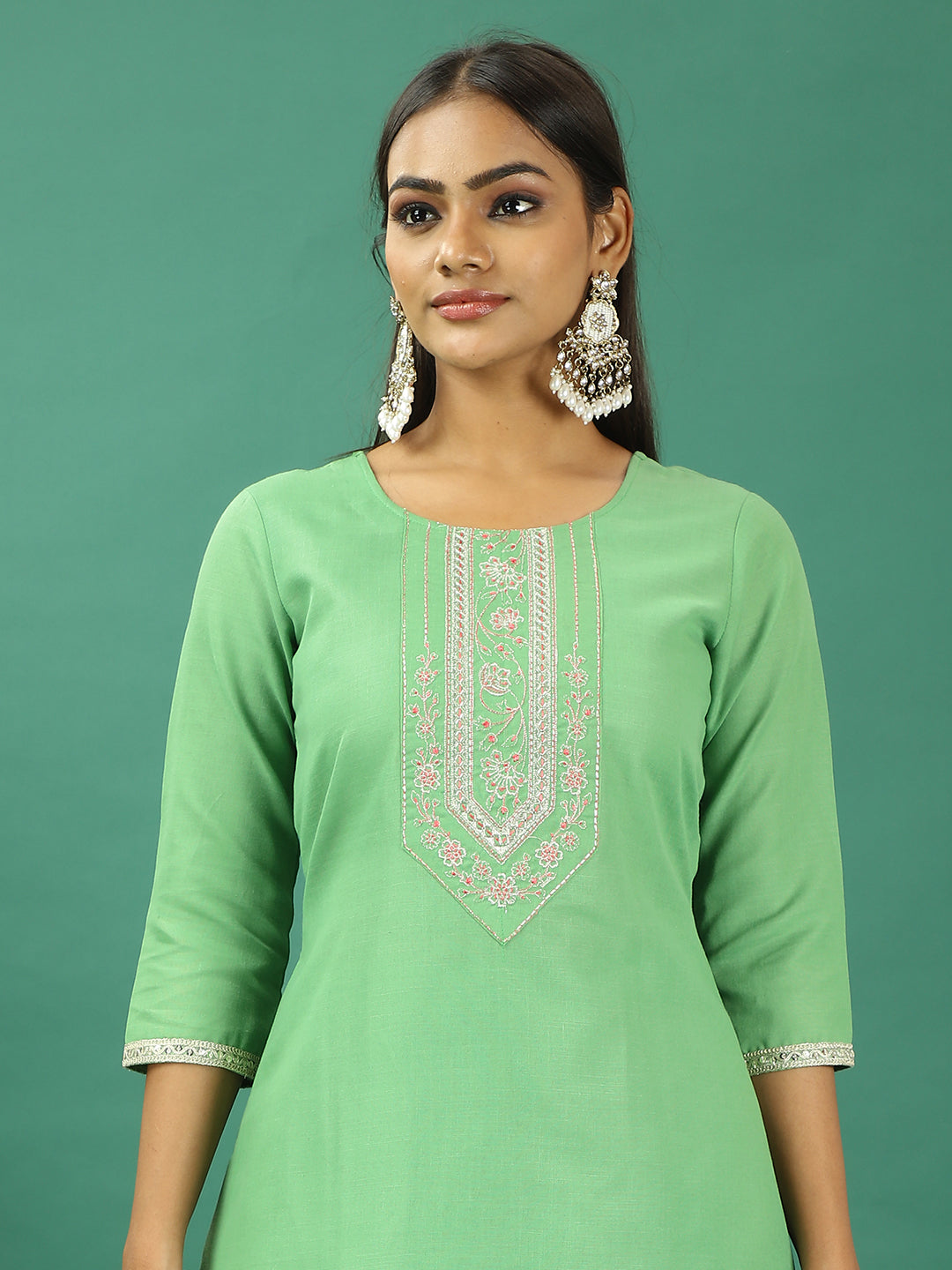 Bollywood Vogue Ready To Wear Green Rayon Embroidered Narrow Straight Pant Suit - Detail View