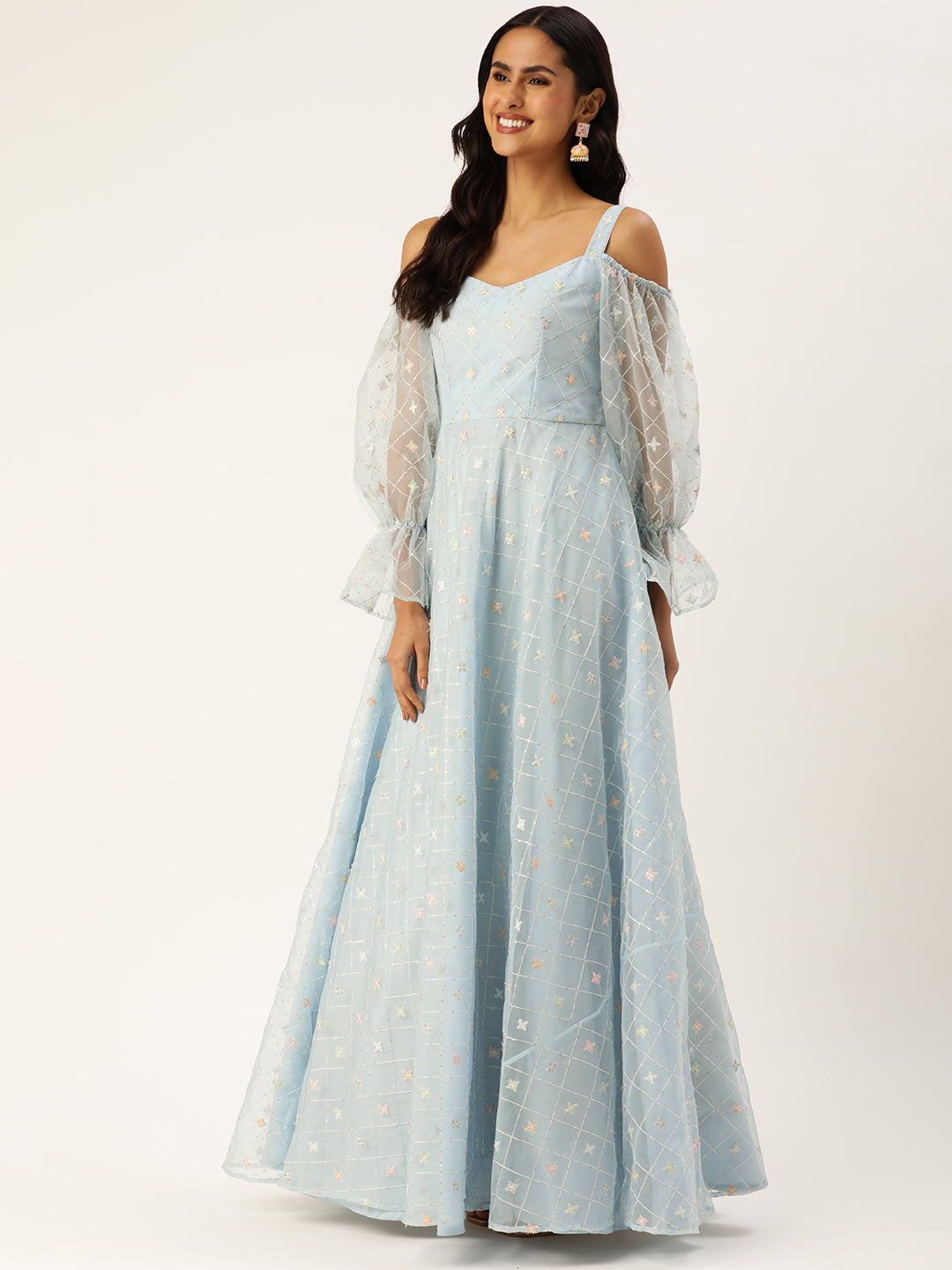 Bollywood Vogue Ready To Wear Light Blue Embroidered Organza Gown - Detail View