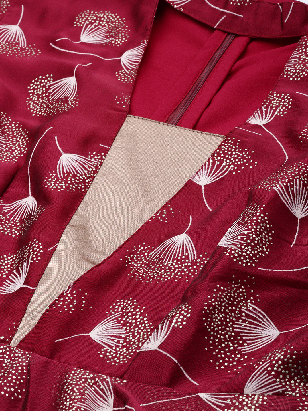 Bollywood Vogue Ready To Wear Maroon Satin Blend Foil Printed Dress - Additional View 1