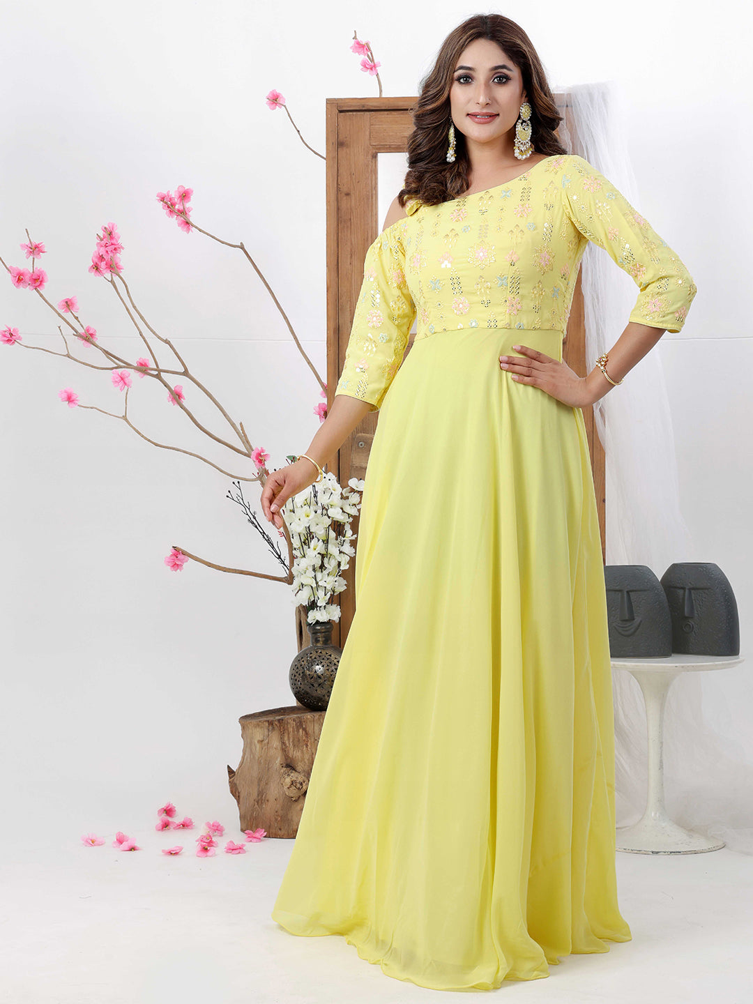 Bollywood Vogue Ready To Wear Yellow Georgette One Shoulder Style Gown - Front View