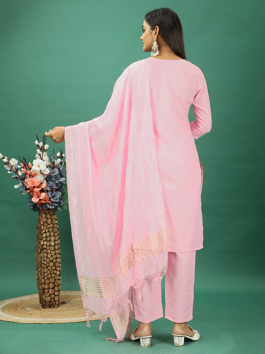 Bollywood Vogue Ready To Wear Pink Rayon Embroidered Straight Pant Suit - Back View