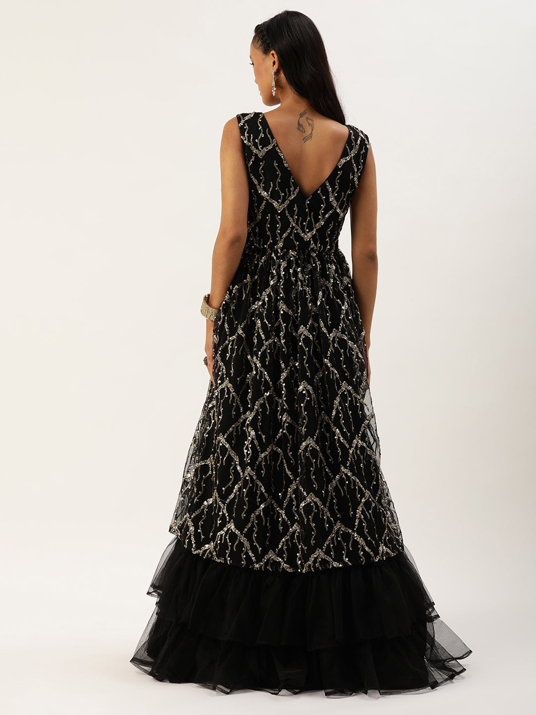 Bollywood Vogue Ready To Wear Black Net Embroidered V Neck Gown - Detail View