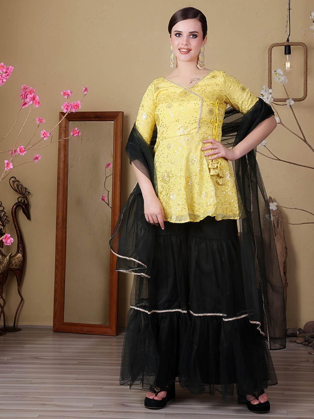 Bollywood Vogue Ready To Wear Yellow Chinon Embroidered N Green Net Gharara Set - Front View