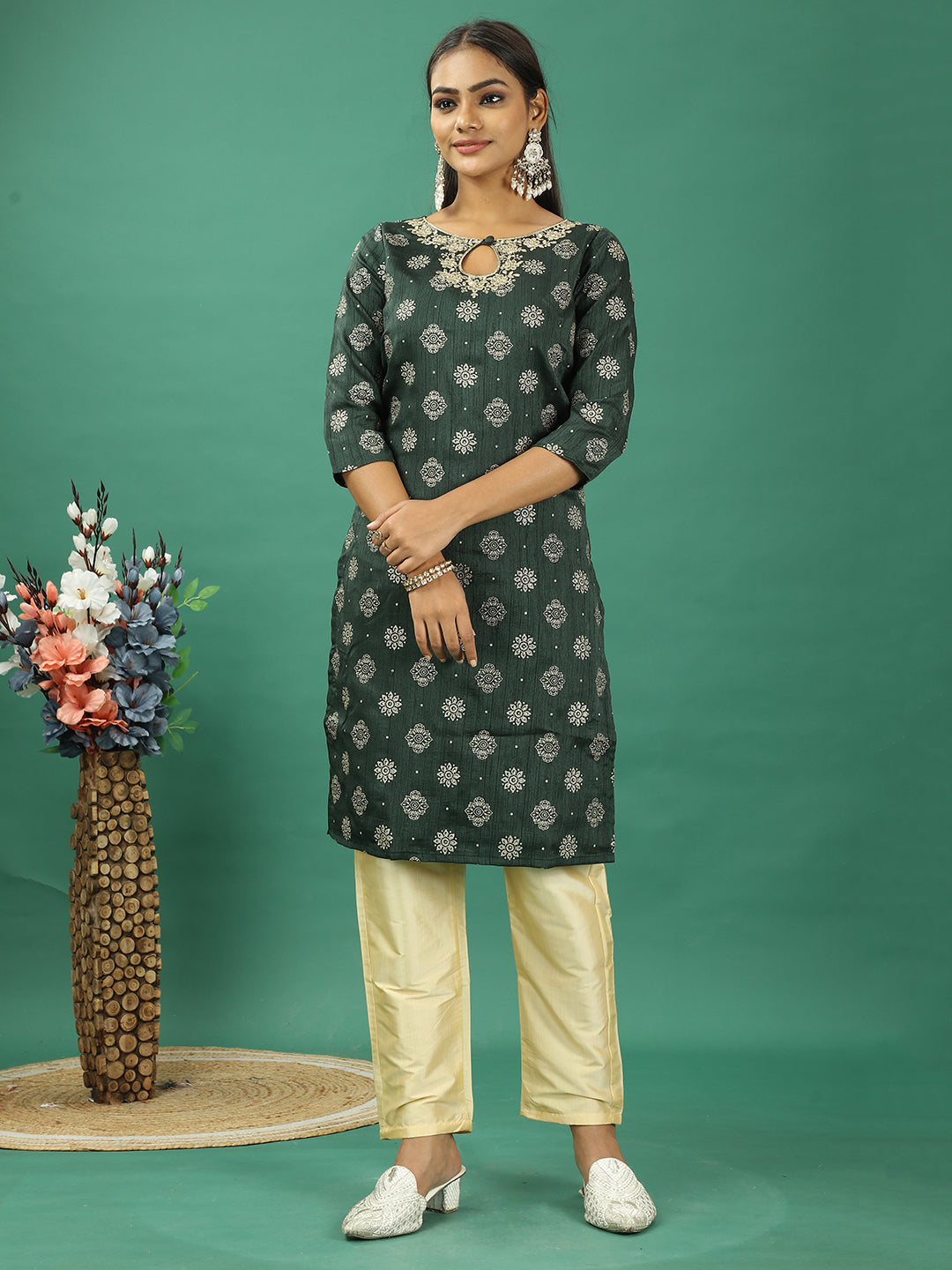 Bollywood Vogue Ready To Wear Gold Art Silk Embroidered Straight Pant Suit - Side View