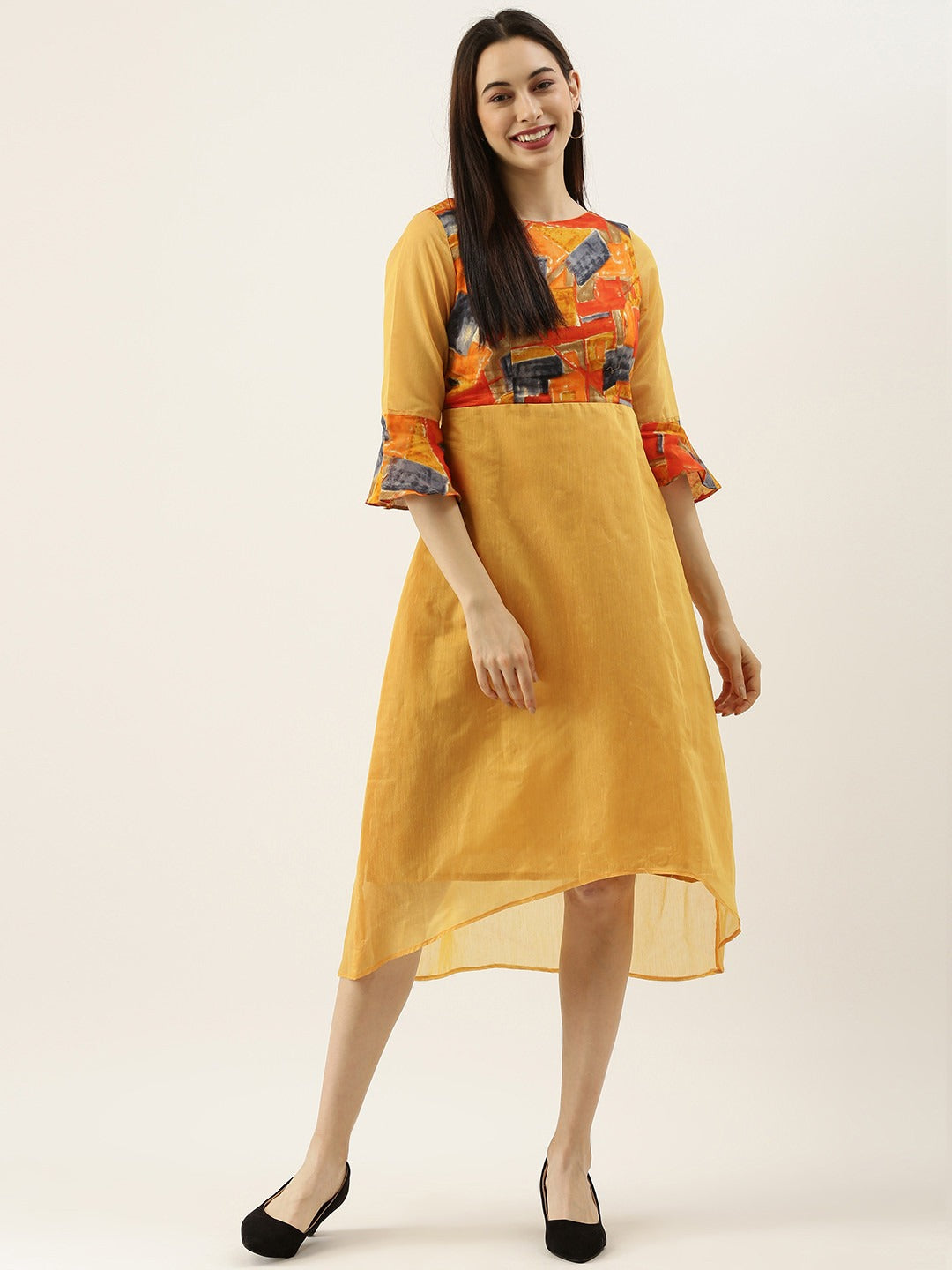 Bollywood Vogue Ready To Wear Multicolored N Mustard Digital Printed A line Dress - Front View