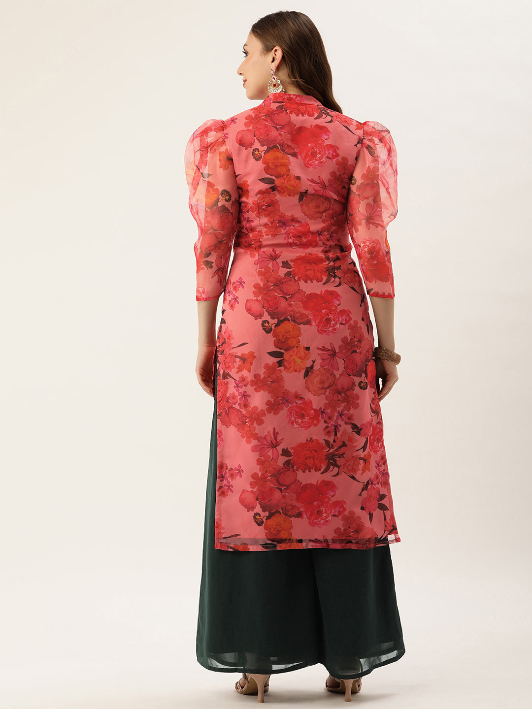 Bollywood Vogue Ready To Wear Pink Organza N Green Kurta Palazzo Set - Back View