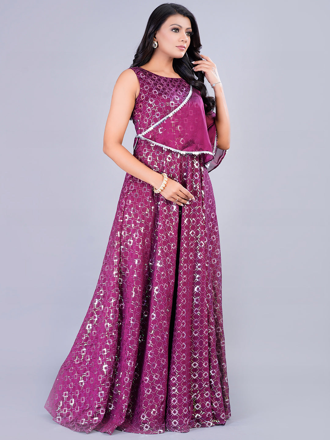 Bollywood Vogue Ready To Wear Wine Rangoli Embroidered Indo Western Gown - Side View