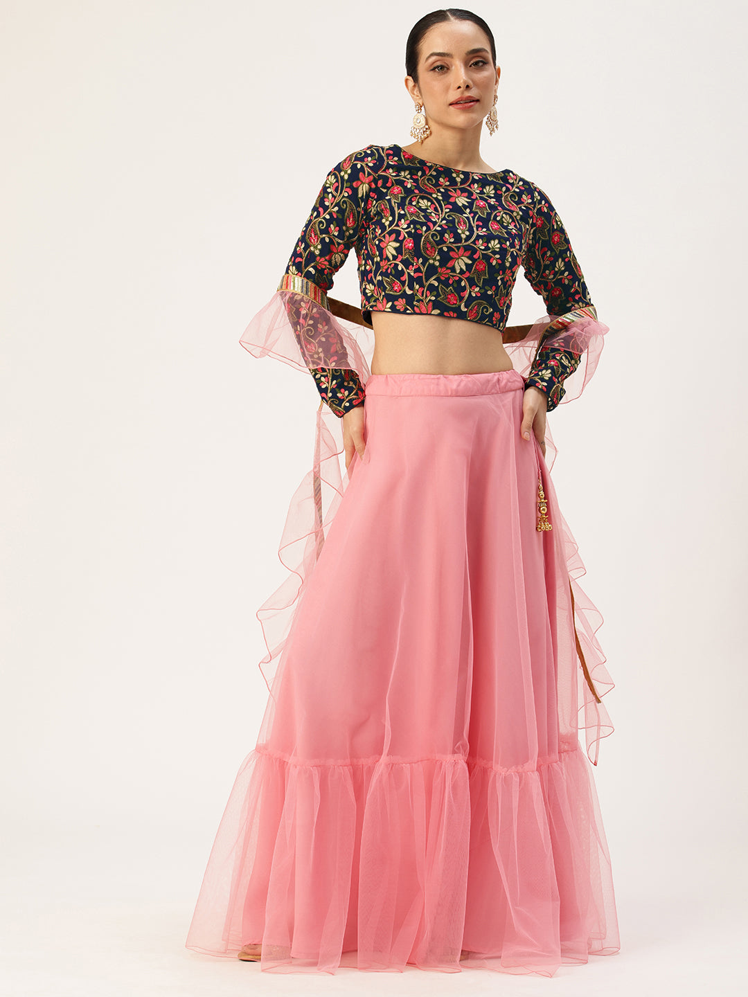Bollywood Vogue Ready To Wear Blue Embroidered Georgette N Pink Net Lehenga - Front View