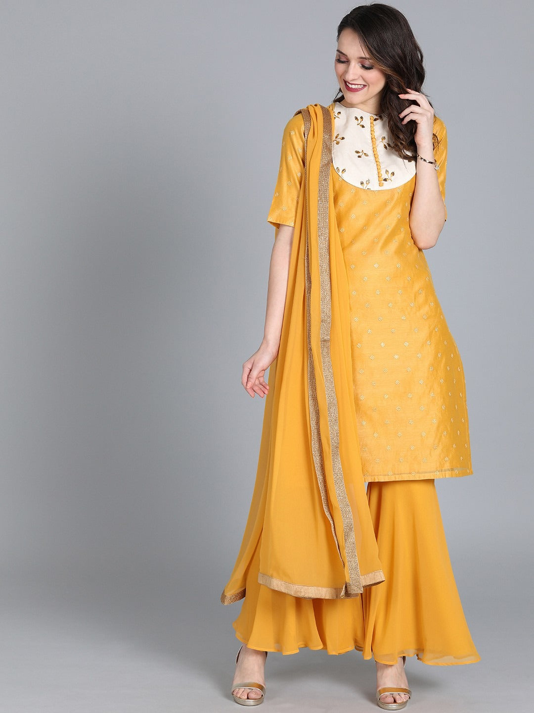 Bollywood Vogue Ready To Wear Yellow Embroidered Gharara suit - Front View
