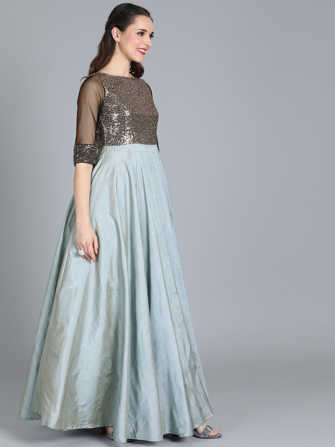 Bollywood Vogue Ready To Wear Grey Classic Full Flared Boat Neck Style Gown - Additional View 2