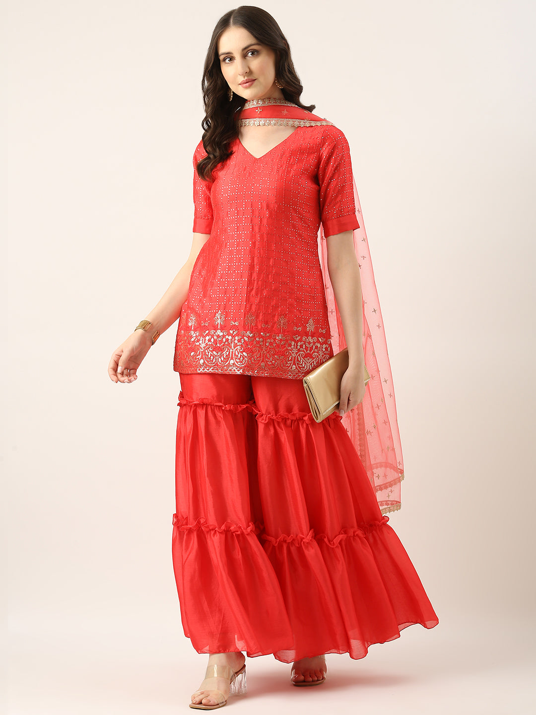 Bollywood Vogue Ready To Wear Coral Pink Chinon Embroidered Sequins Sharara Suit - Detail View