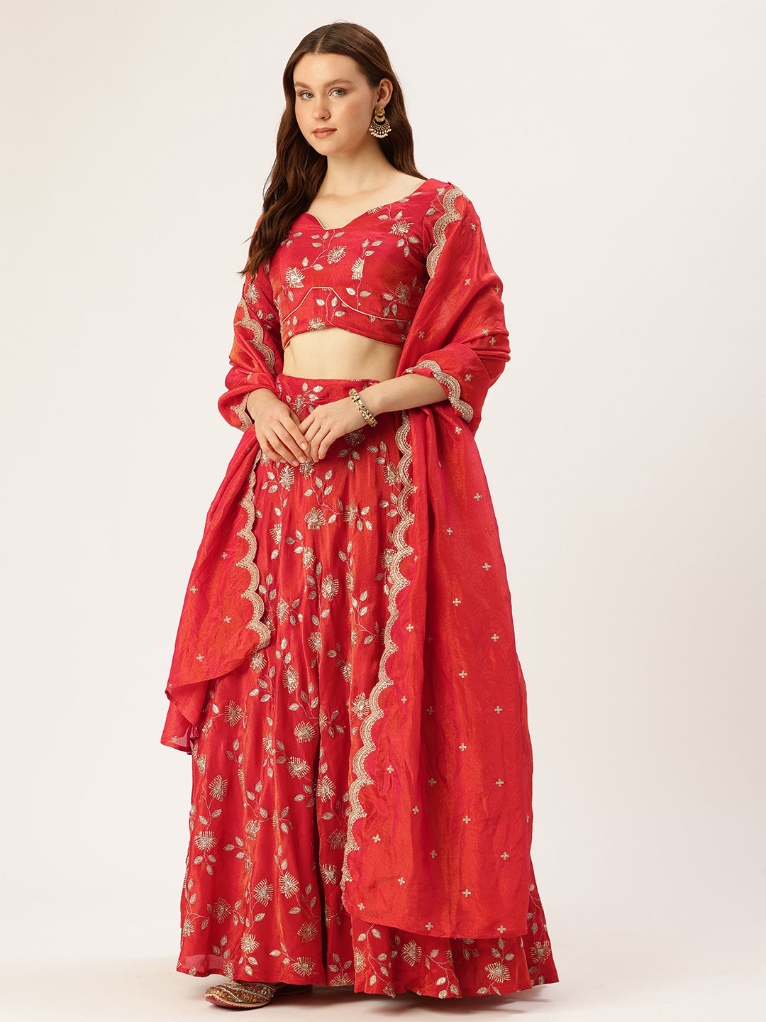 Bollywood Vogue Ready To Wear Classic Blouse N Red Viscose Embroidered Lehenga Set - Front View