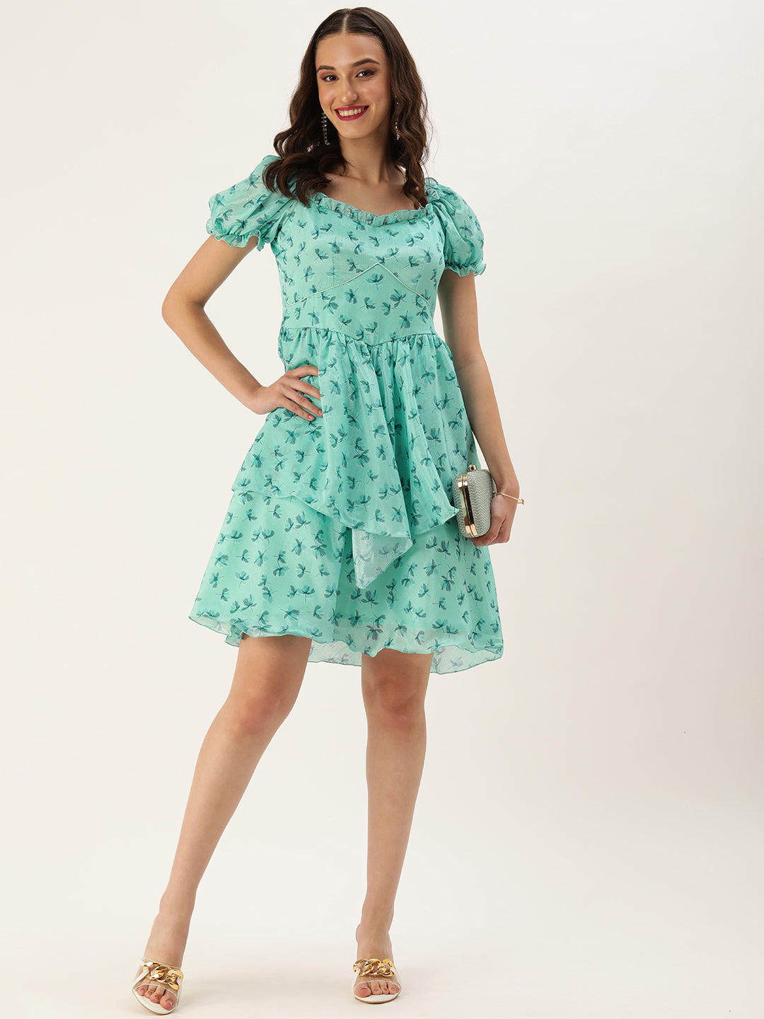 Bollywood Vogue Ready To Wear Mint Blue Chinon Digital Printed Dress - Front View