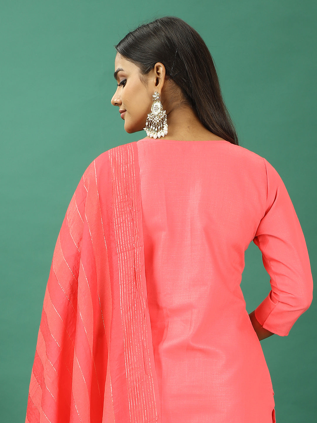 Bollywood Vogue Ready To Wear Coral Rayon Embroidered Straight Pant Suit - Look Shot