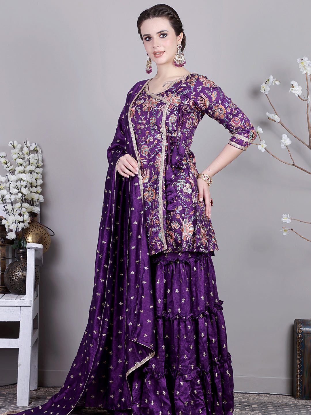 Bollywood Vogue Ready To Wear Classic Top With Purple Art Silk Sharara Suit - Front View