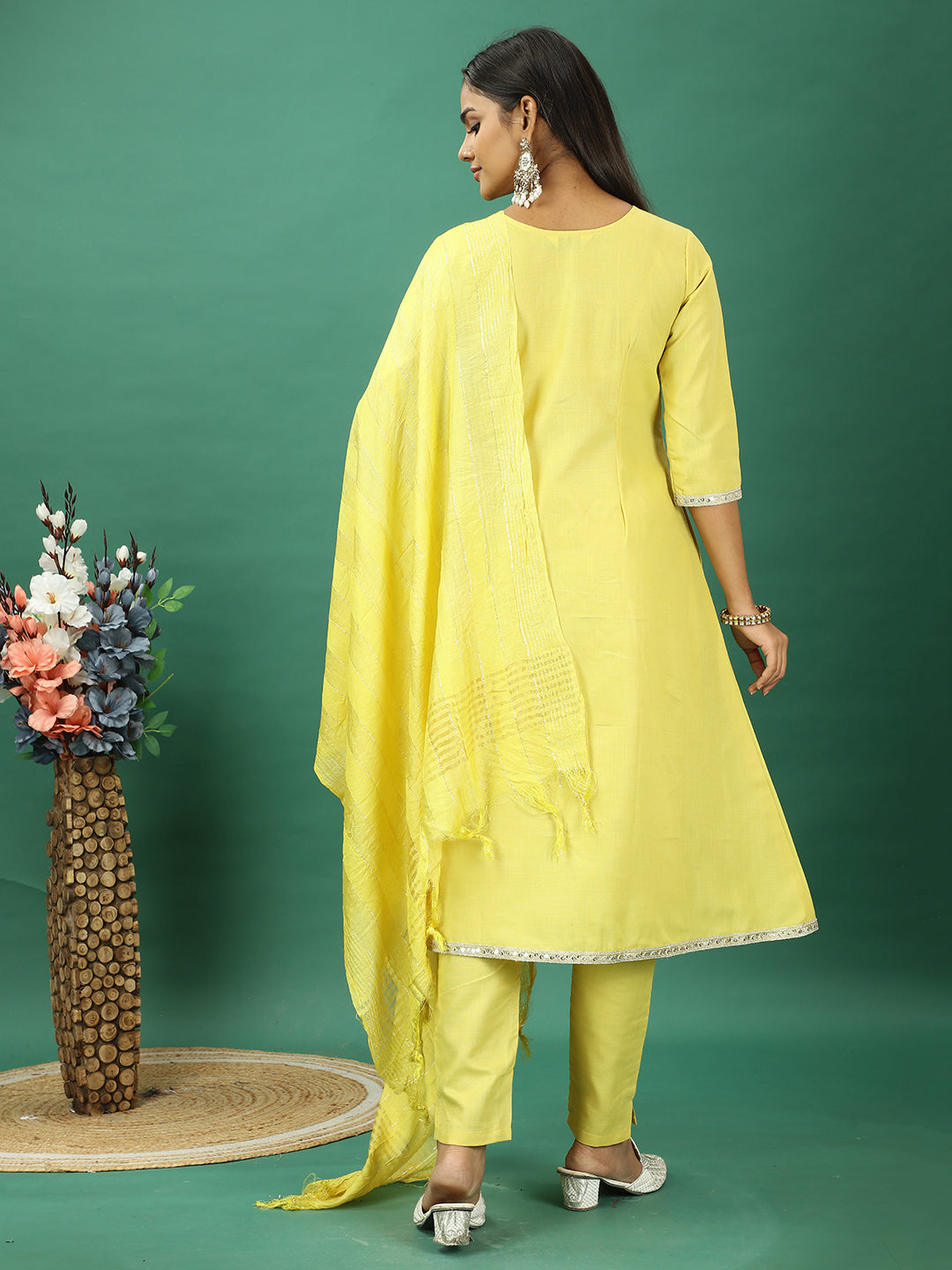 Bollywood Vogue Ready To Wear Yellow Rayon Embroidered Narrow Straight Pant Suit - Back View