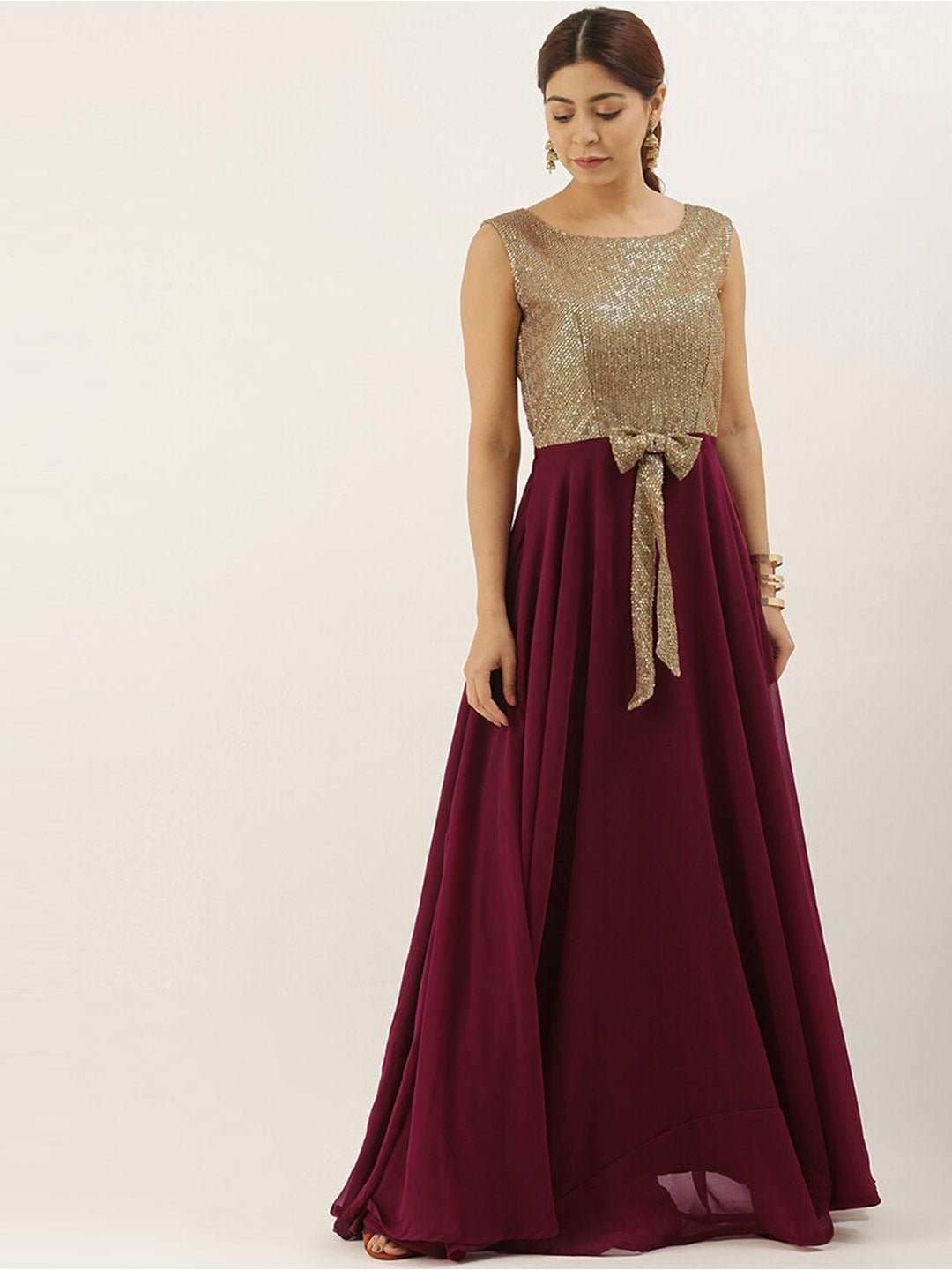 Bollywood Vogue Ready To Wear Gold Sequins N Purple Georgette Flared Gown - Front View