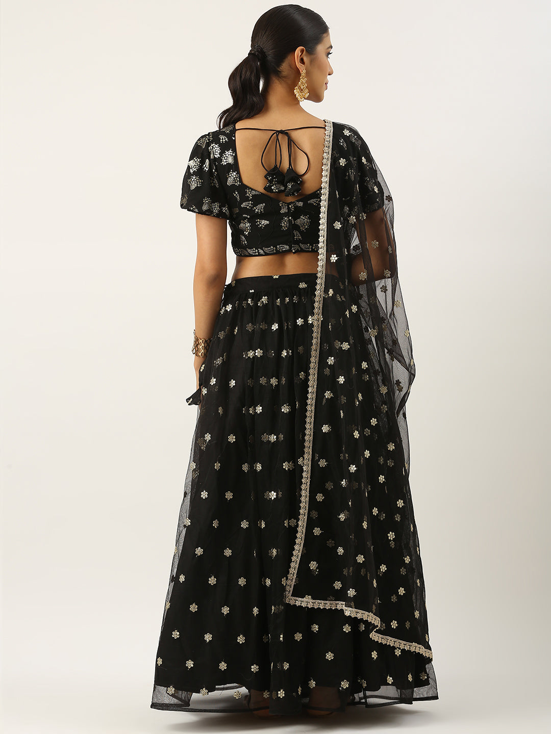 Bollywood Vogue Ready To Wear Black Georgette Embroidered Sequins Lehenga Set - Back View