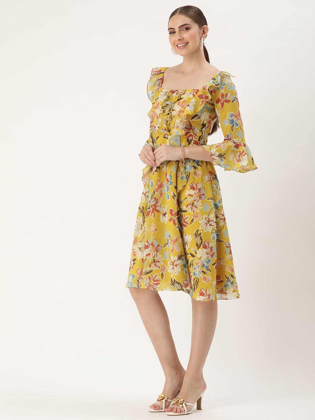 Bollywood Vogue Ready To Wear Yellow Georgette Printed Dress - Side View