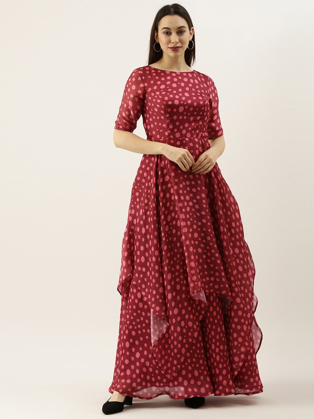 Bollywood Vogue Ready To Wear Maroon Satin Printed handkerchief Gown - Front View