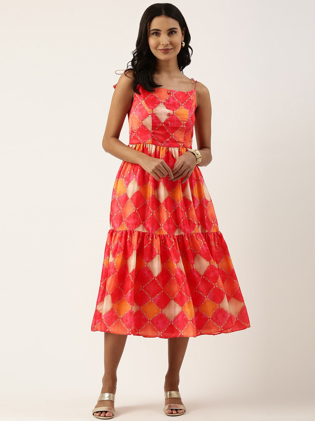 Bollywood Vogue Ready To Wear Multicolor Printed Gathered Style Midi Dress - Side View