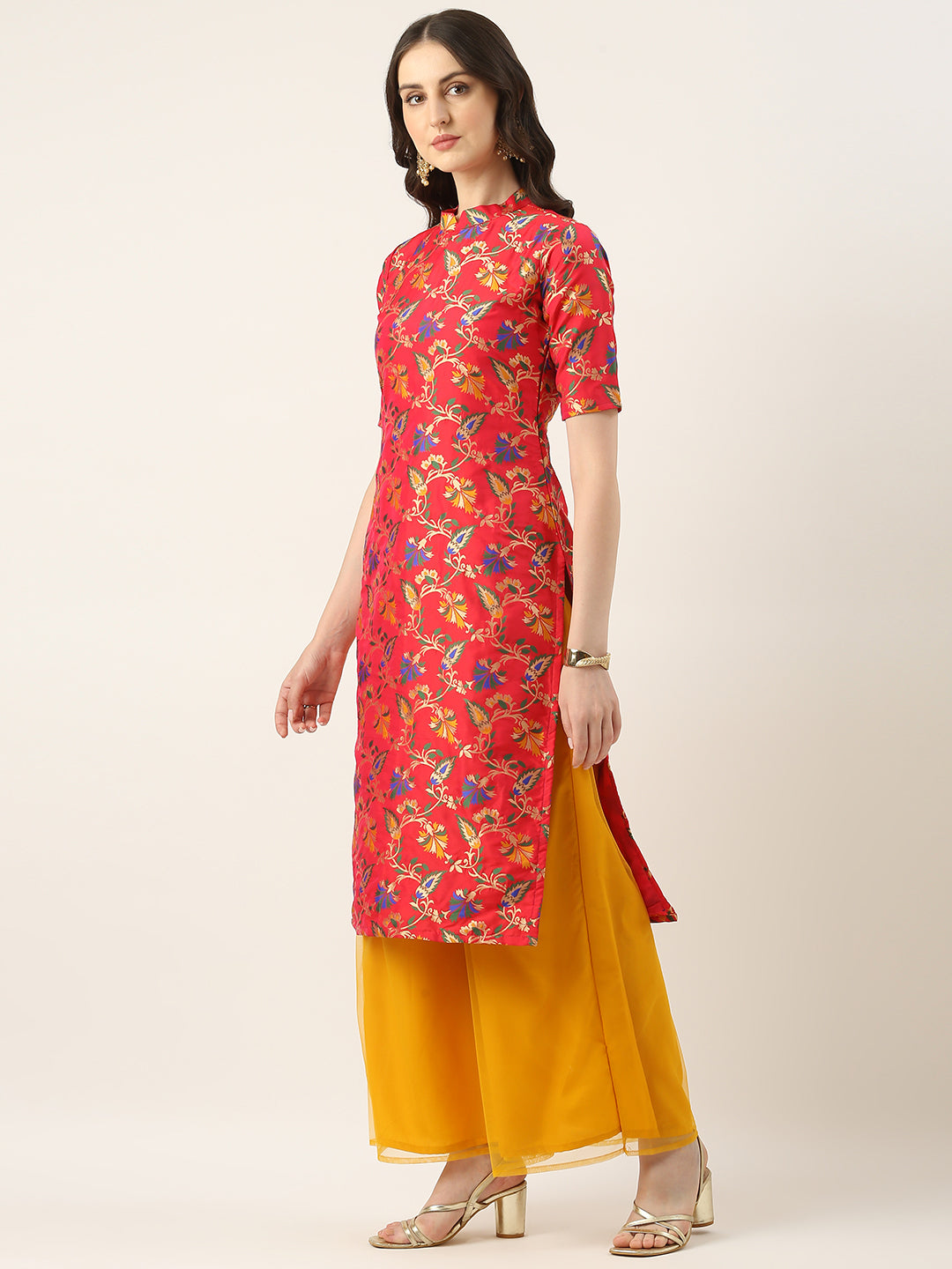 Bollywood Vogue Ready To Wear Magenta Jacquard N Yellow Palazzo Suit - Side View