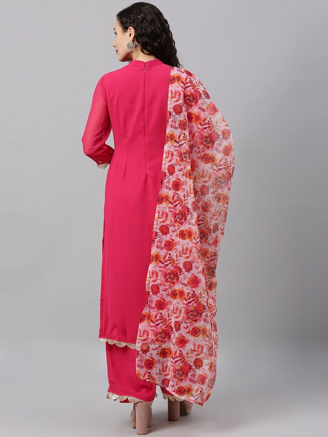 Bollywood Vogue Ready To Wear Pink N Multicolored Collar Neck Wide Leg Pant Set - Back View