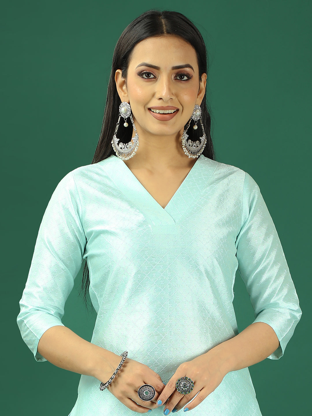Bollywood Vogue Ready To Wear Sea Green Art Silk Straight Pant Kurta Sets - Side View