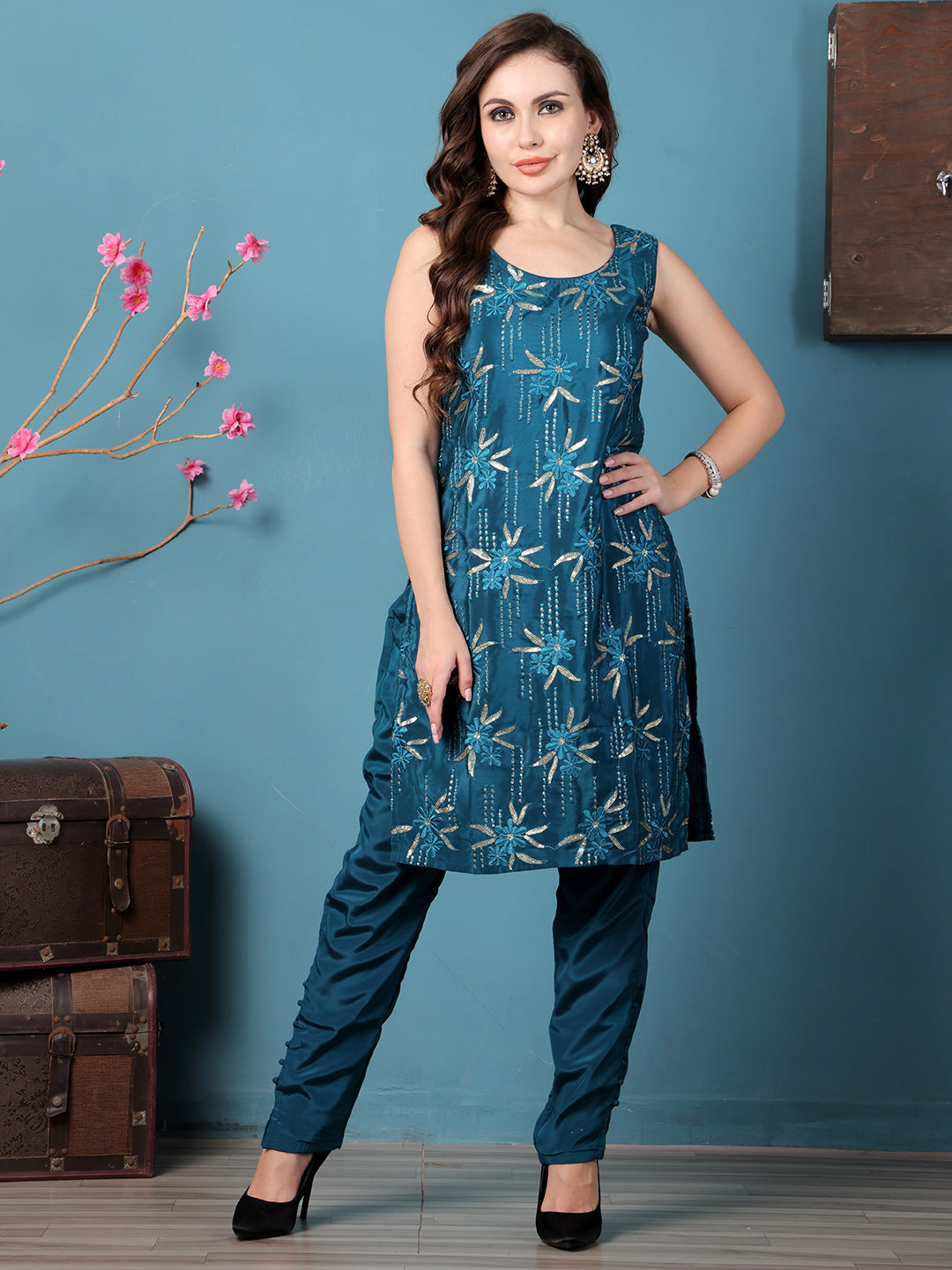 Bollywood Vogue Ready To Wear Teal Green Crepe Embroidered Salwar Kameez - Additional View 2