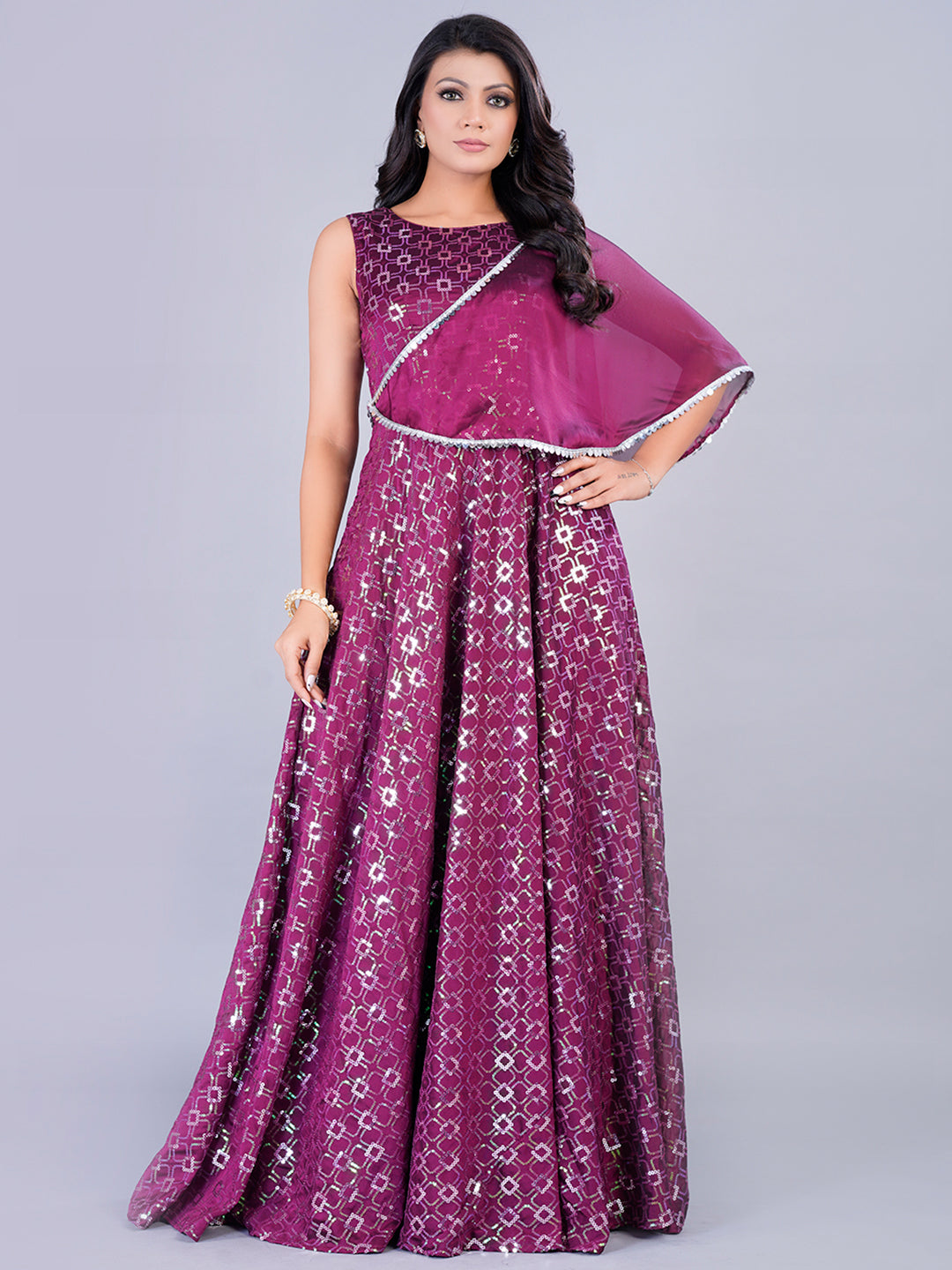 Bollywood Vogue Ready To Wear Wine Rangoli Embroidered Indo Western Gown - Front View