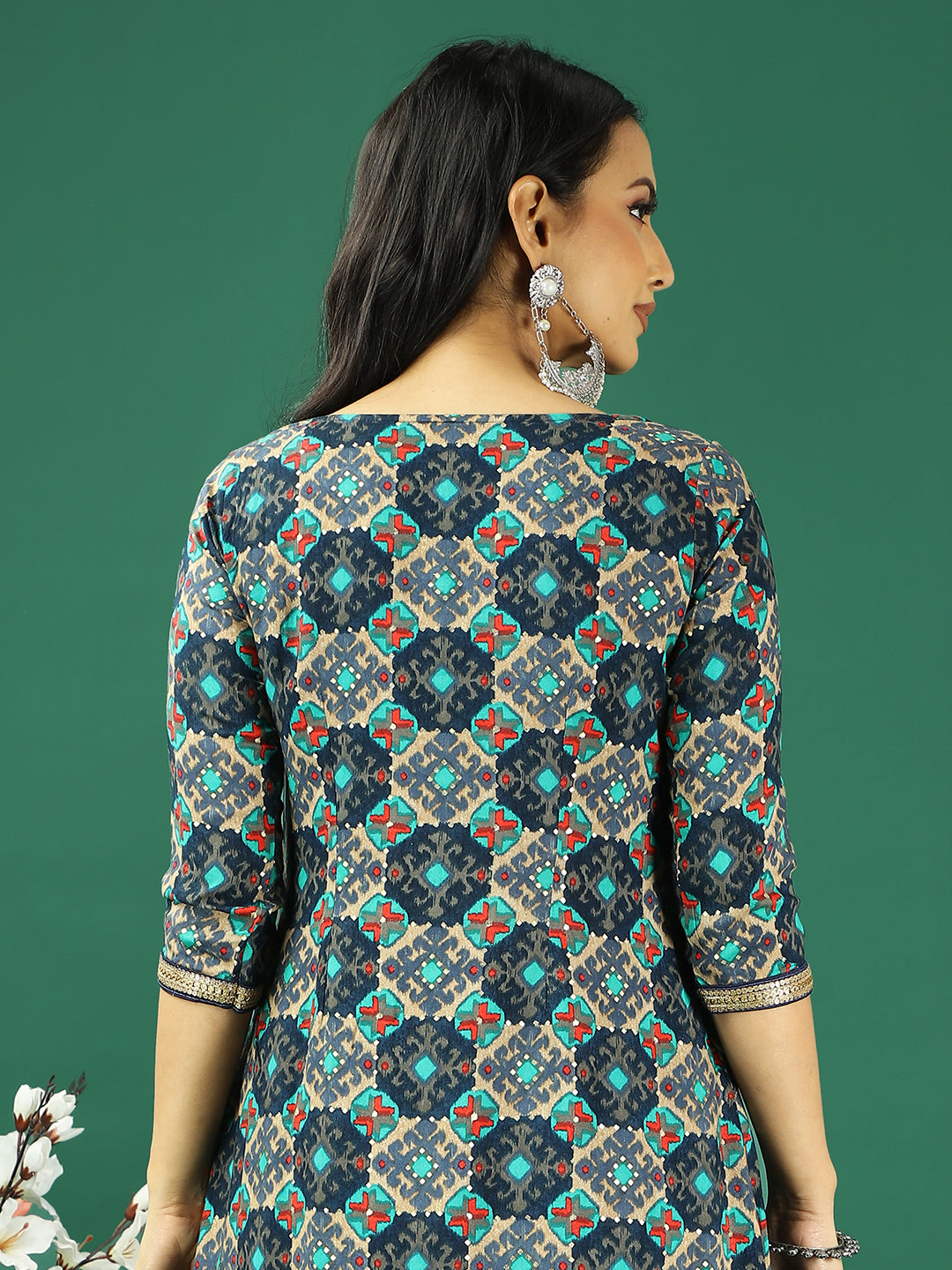 Bollywood Vogue Ready To Wear Blue Printed Viscose Kurta Straight Pant Set - Detail View